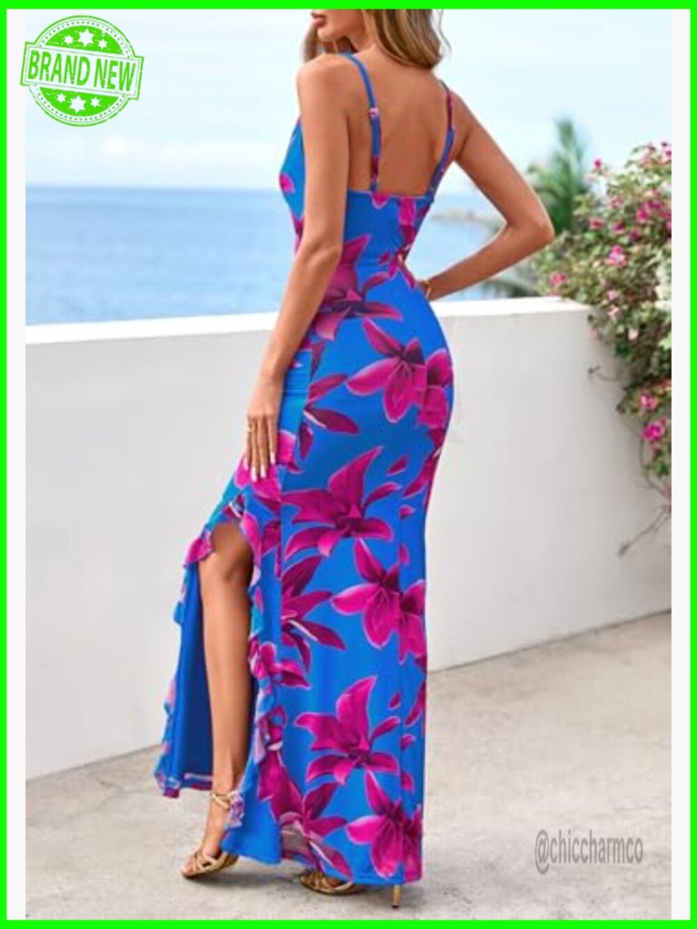 Bodycon Floral Maxi Dress Mermaid Hem Spaghetti Straps Backless Summer - Picture 4 of 7